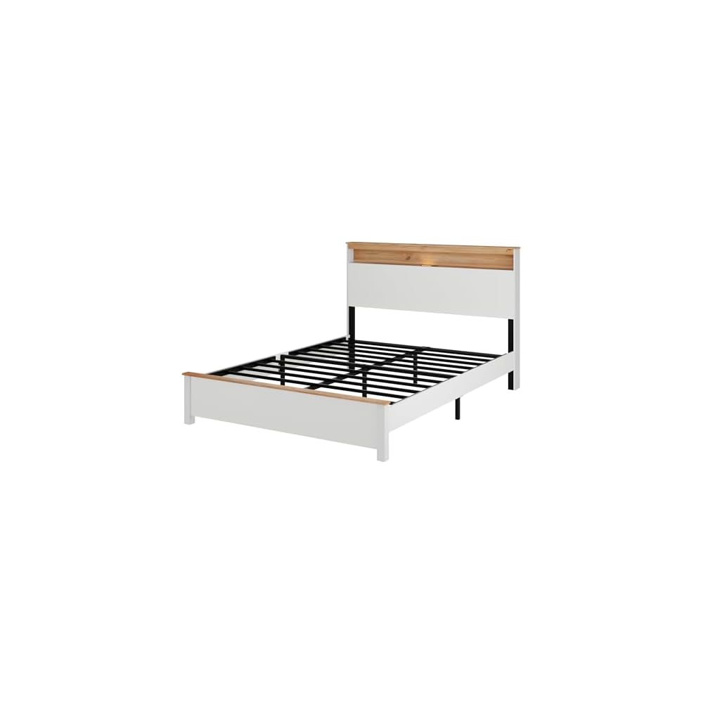 Farmhouse Wooden Bed Frame with Storage Headboard and Touch LED for Bedroom, Queen Size Platform Bed with Dual USB Ports and Metal Slats Support, No Box Spring Needed