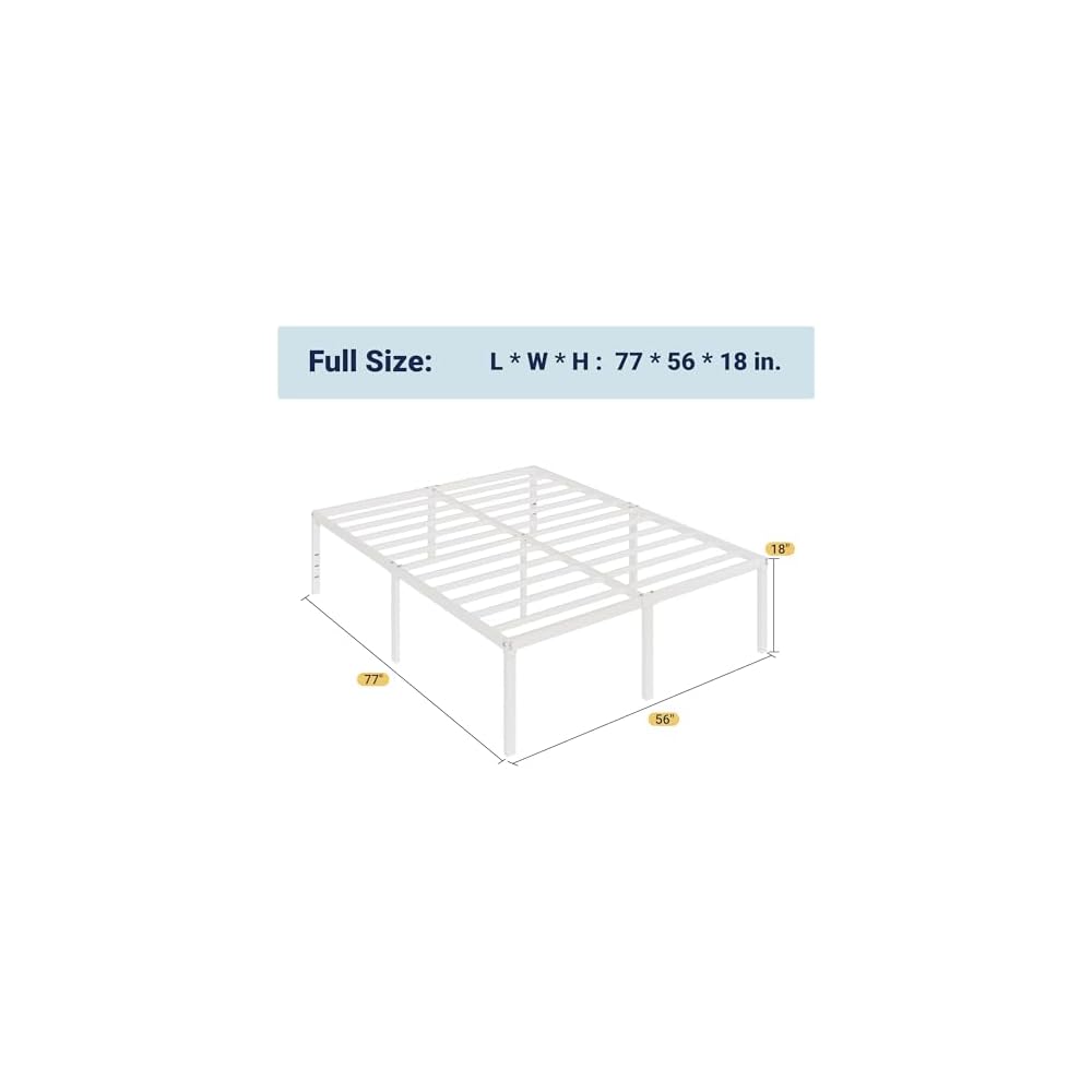 Full Size Bed Frame, 18 Inch Metal Beds with Storage Space, White