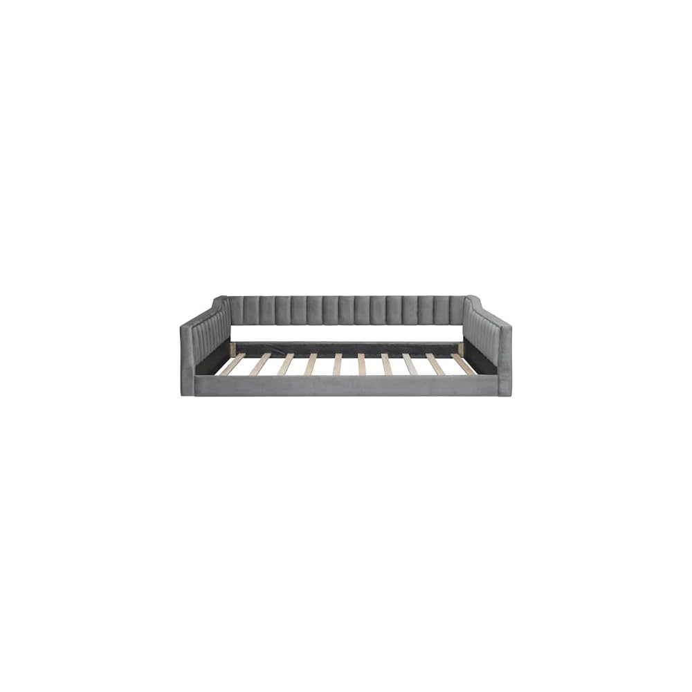 Full XL Size Daybed, Upholstery Day Bed Frame with Channel Tufted Backrest and Armrest, Floor Bed with Side Pockets,Solid Wood Slat Support, No Box Spring Needed,Gray