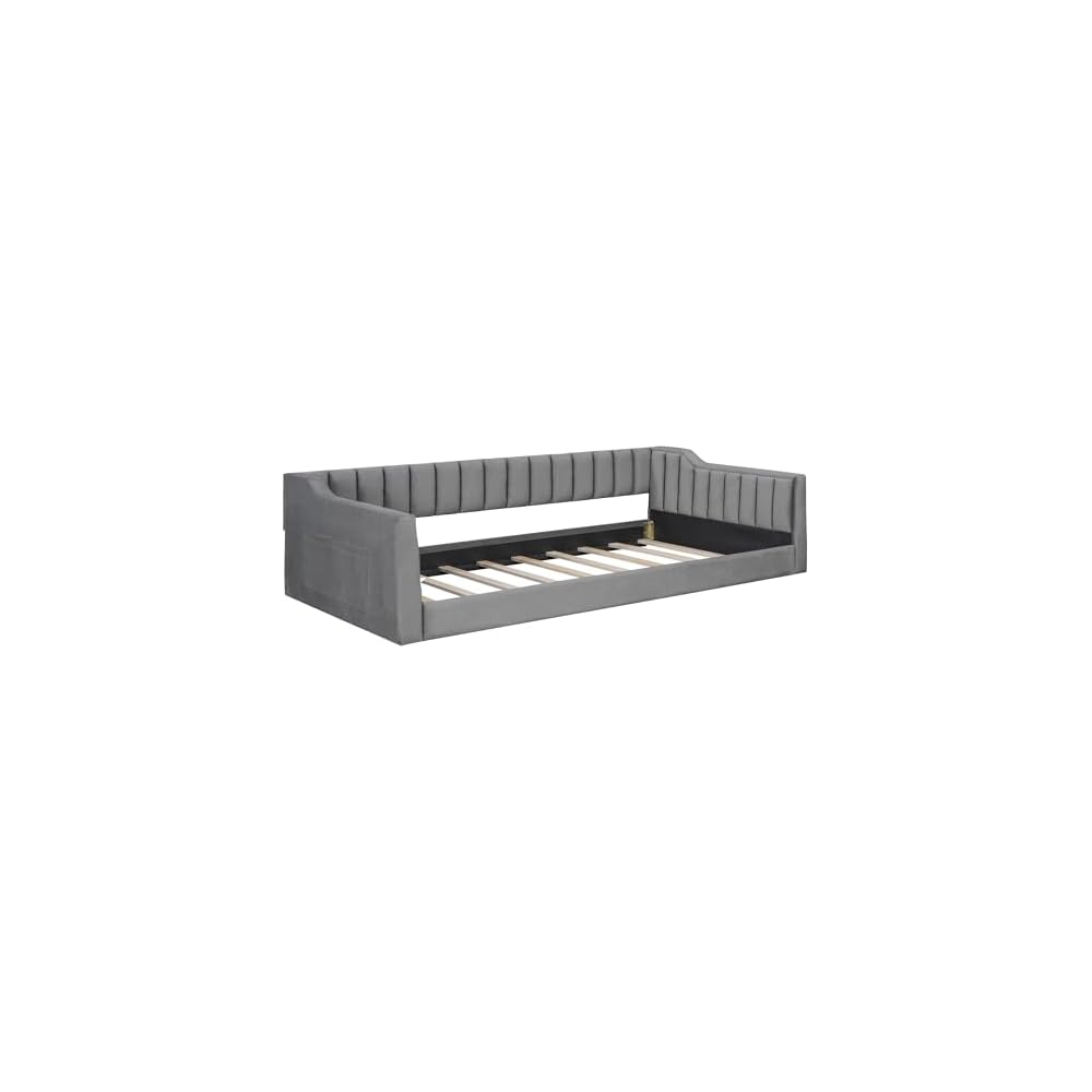 Twin XL Size Upholstery Daybed and Side Storage Pocket, Velevet Sofa Bed with Backrest and Two Armrest for Guest Room, Living Room, Gray