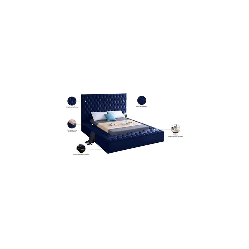King Bed, Solid Wood Frame, Navy Tufted Velvet Fabric, 96" W x 98" D x 60.5" H, Storage Rails, Footboard, Full Slats, Modern Style Bedroom Furniture