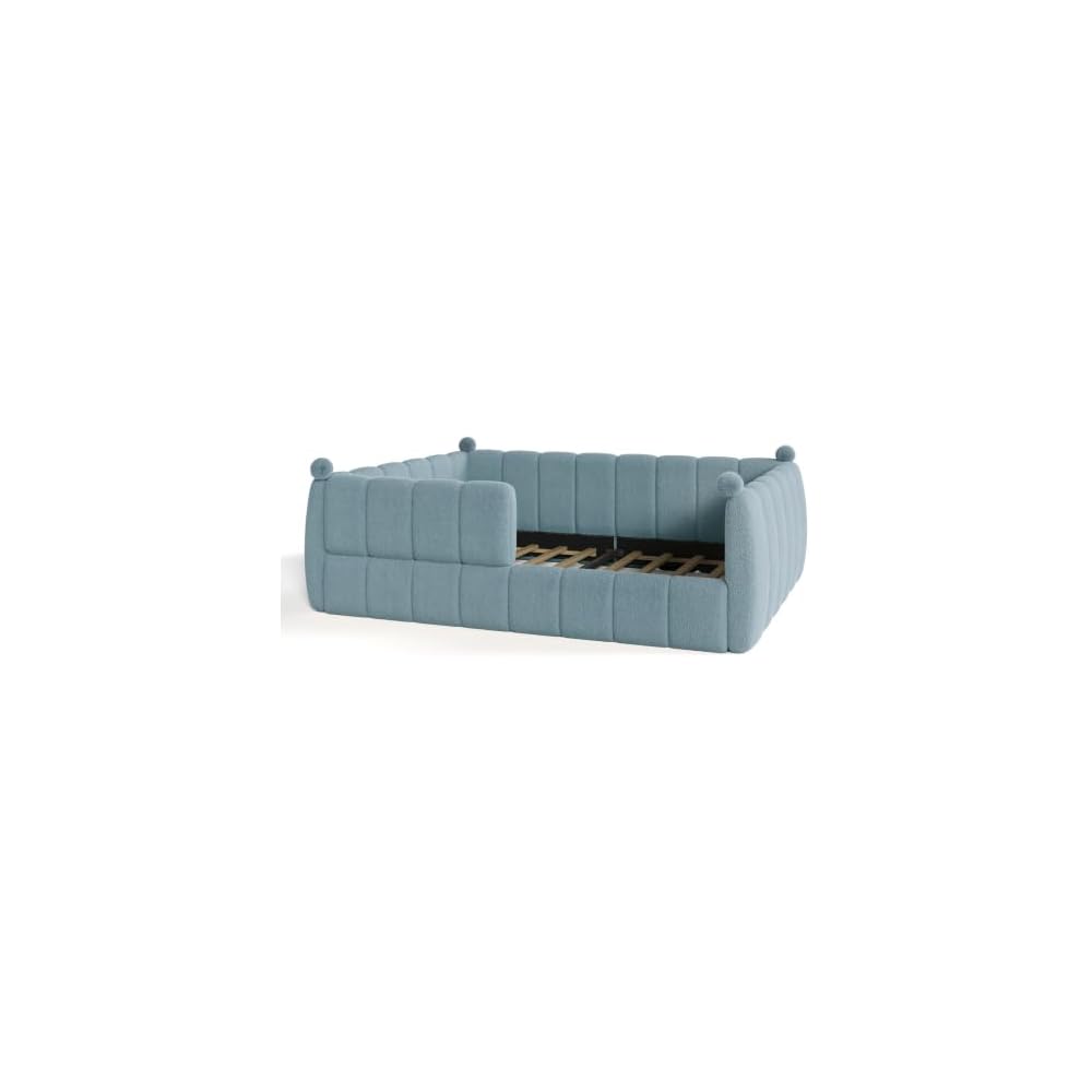 Queen Upholstered Floor Bed with Fence, Blue