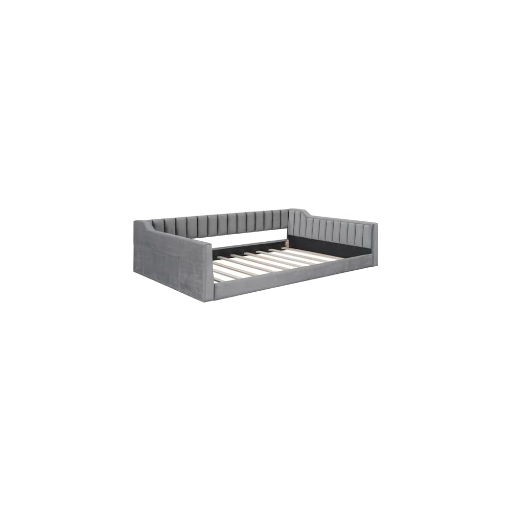 Full XL Size Daybed, Upholstery Day Bed Frame with Channel Tufted Backrest and Armrest, Floor Bed with Side Pockets,Solid Wood Slat Support, No Box Spring Needed,Gray