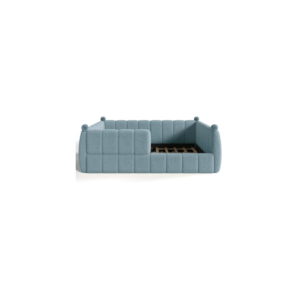 Queen Upholstered Floor Bed with Fence, Blue