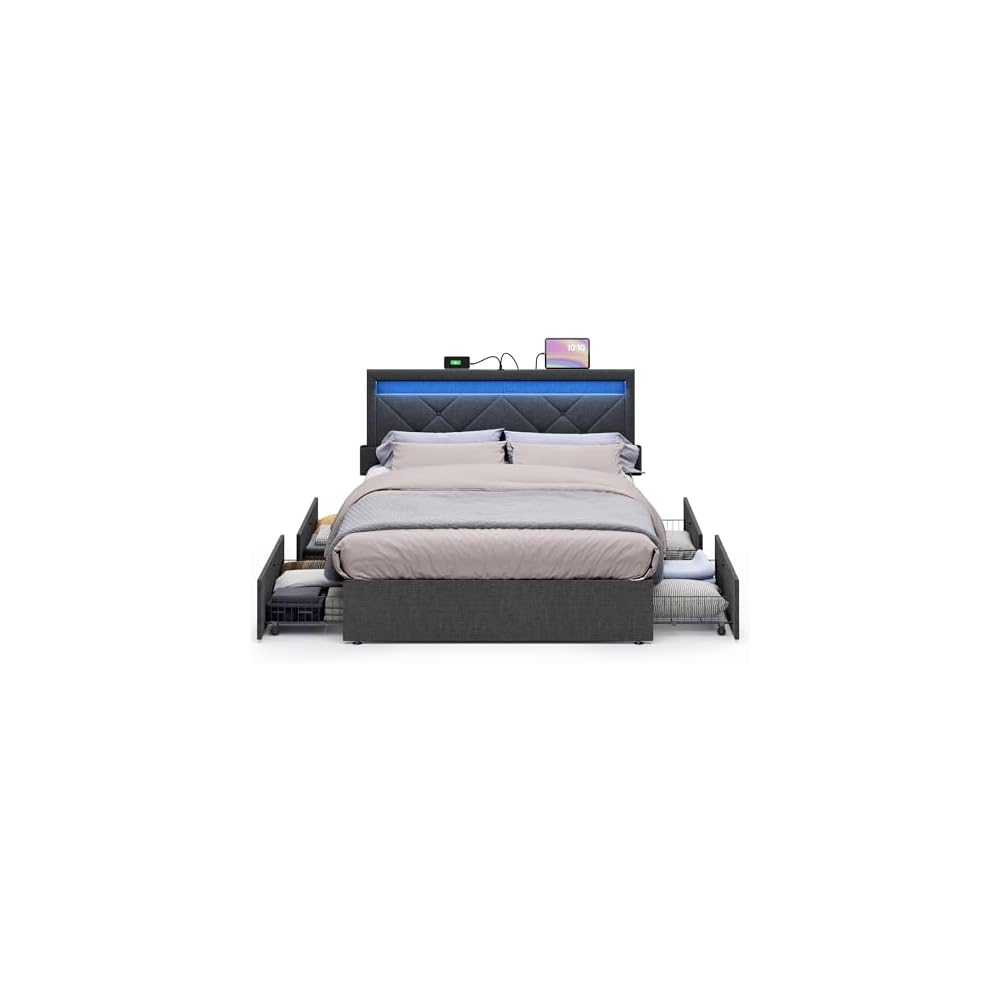 Full Bed Frame, 4 Storage Drawers on Wheels, Charging Station