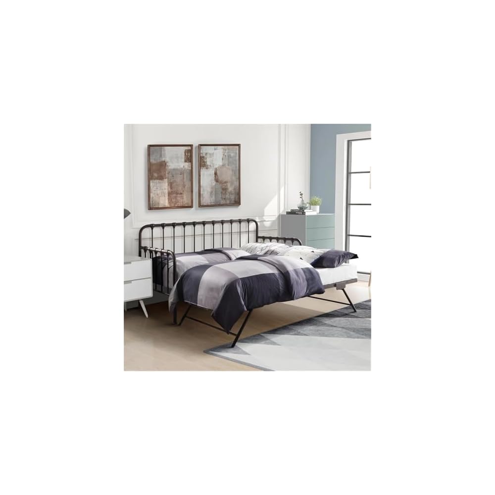 Constance 78.5" W Contemporary Metal Frame Daybed with Lift-Up Trundle, Folding Legs & Casters in Dark Bronze Finish