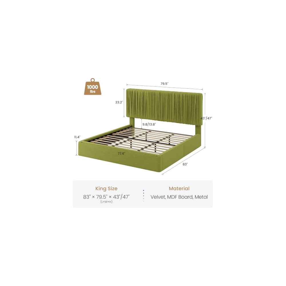 King Size Artisanal Pleated Velvet Bed Frame with Adjustable Headboard, Luxurious Upholstered Floor Platform Bed, Modern Low Profile Frame, Green