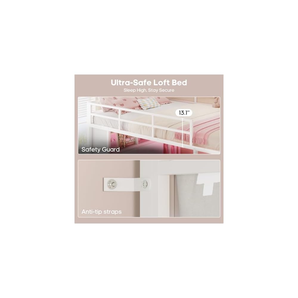 Loft Bed Full Size with Desk and 8 Storage Drawers, White