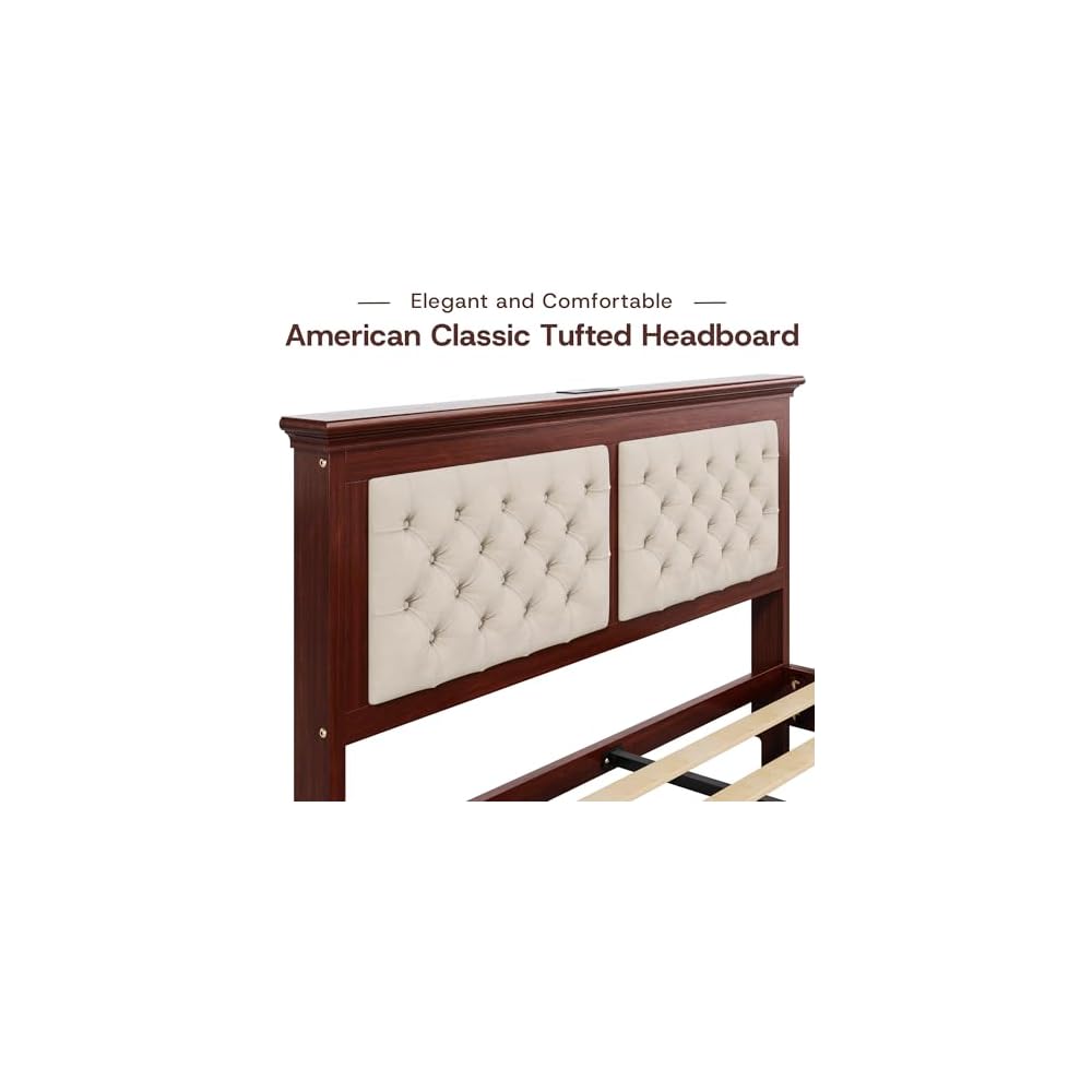 Solid Wood Queen Bed Frame 41.5” Tall Diamond-Tufted Upholstered Headboard, American Classic Flat-Top Bed, Stable Structure, Wood Slats Support, Noise-Free, No Box Spring Needed, Redish Brown