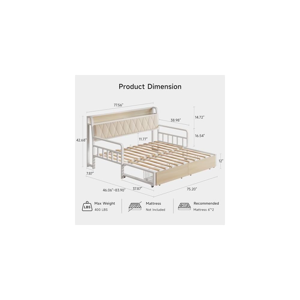 Twin Daybed with Pop up Trundle, Twin to King Daybed, White