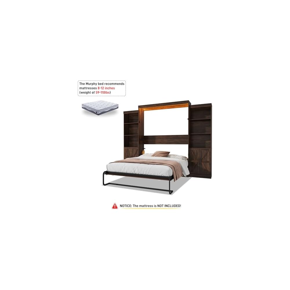 Queen Size Murphy Bed w/2 Storage Cabinet&2 LED Light, Farmhouse Wood Hidden Foldable Wall Bed Frame, Storage Bed Cabinet for Bedroom, Office, Space-Saving, No Box Spring Needed, Brown