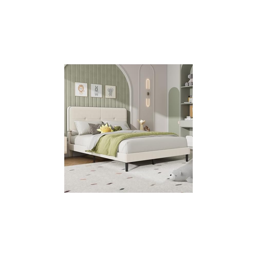 Queen Size Platform Bed Frame with Velvet Headboard, White