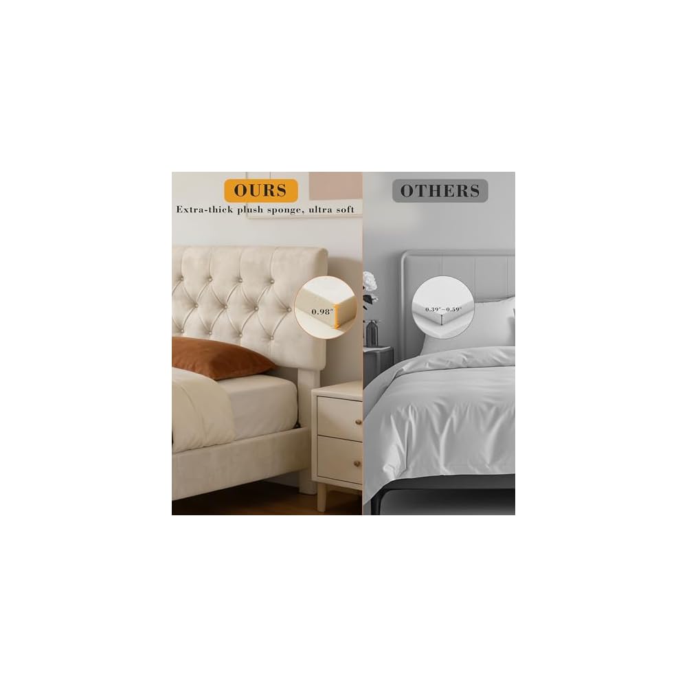Queen Size Bed Frame with Headboard, Luxury Velvet Fabric Upholstered Bed frame with Button Tufted Design, Strong Wooden Slats Support - Low & Sturdy, Noise-Free, No Box Spring, Easy Assembly, Beige