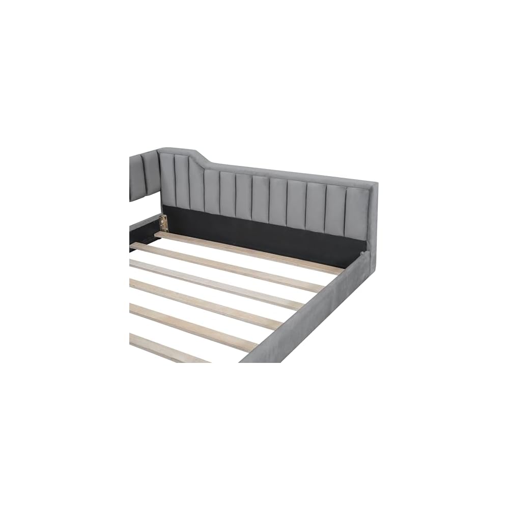 Full XL Size Daybed, Upholstery Day Bed Frame with Channel Tufted Backrest and Armrest, Floor Bed with Side Pockets,Solid Wood Slat Support, No Box Spring Needed,Gray