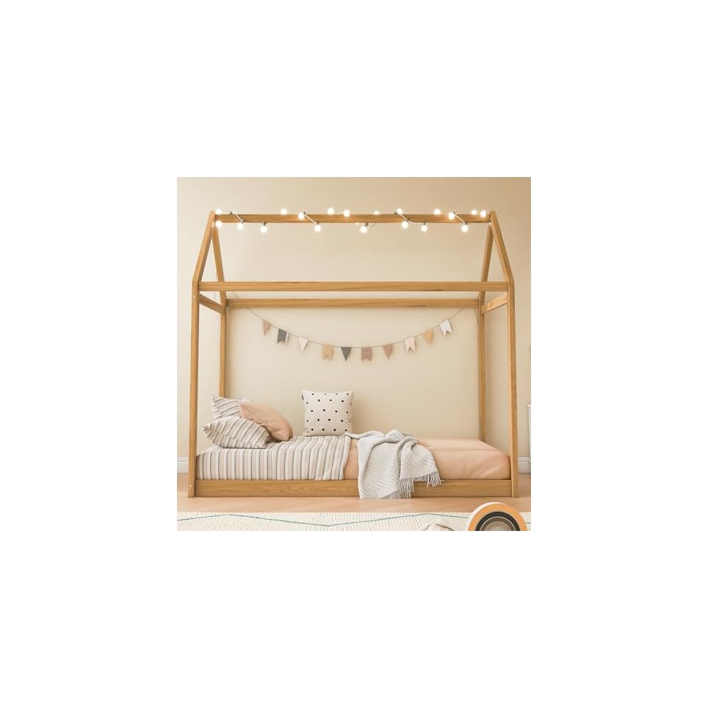 Twin Size House Bed Frame with LED Lights, Solid Wood Montessori Floor Bed, Low Platform Kids Play House Bed for Boys Girls Bedroom, Natural Wood Finish