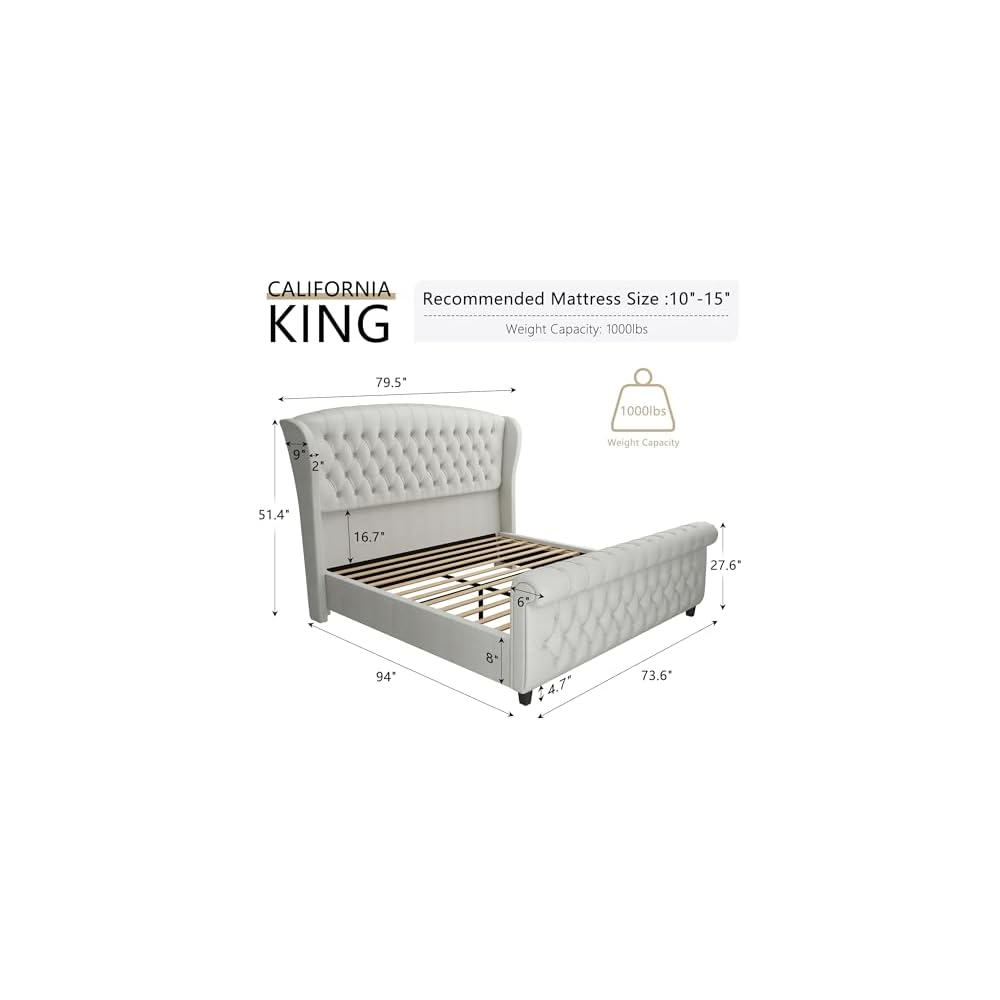California King Upholstered Sleigh Bed Frame with Headboard