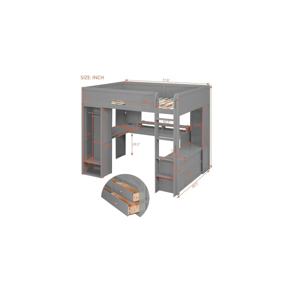 Full Size Wood Loft Bed with L-Shaped Desk, Storage Cabinet, Gray