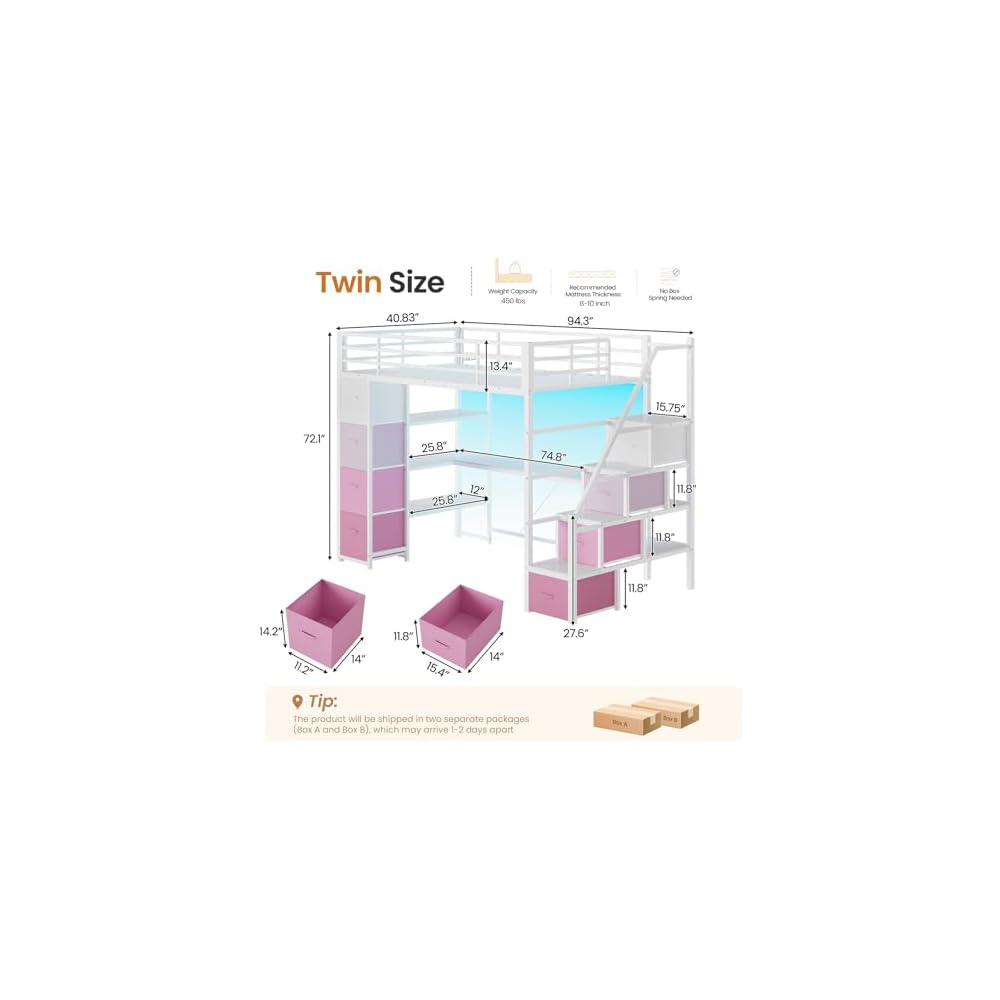 Loft Bed Twin Size with Storage Stairs,Desk and Power Strips,Metal Twin Loft Bed with LED Lights,8 Storage Drawers &Open Shelves,Loft Beds for Kids,Teens,Adults with Safety Guardrail,White+Pink