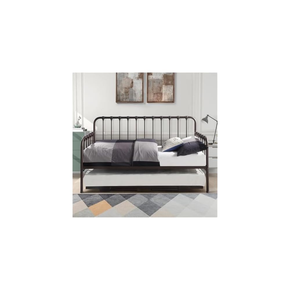 Constance 78.5" W Contemporary Metal Frame Daybed with Lift-Up Trundle, Folding Legs & Casters in Dark Bronze Finish