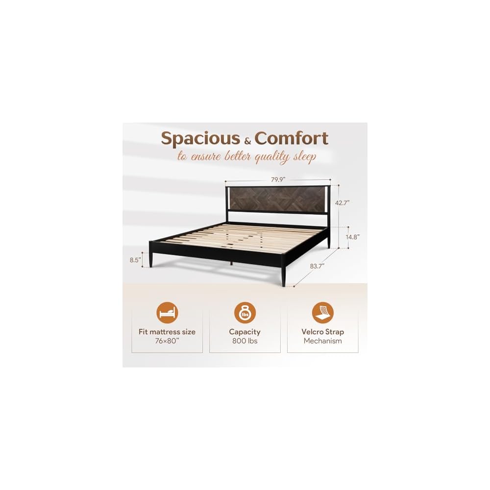 Lenia Solid Wood King Bed Frame with Tall Headboard, Mocha Black