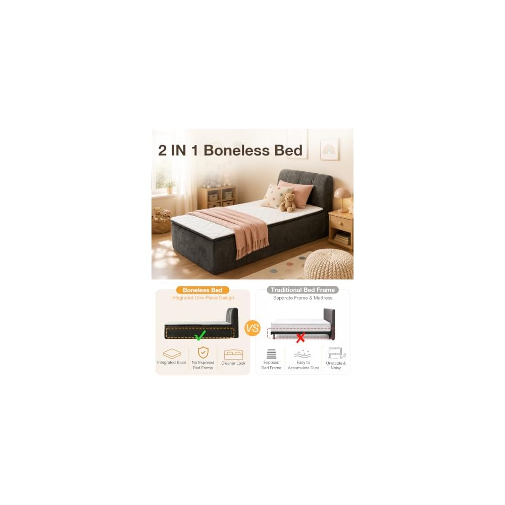 Twin Size Boneless Bed Frame with Mattress,No Assembly Cloud Bed,Gray