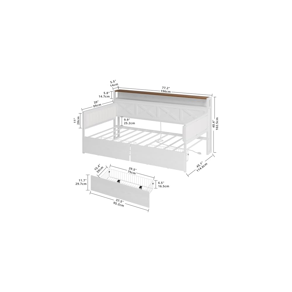 Twin Size Daybed with Storage Drawers, Charging Station, White