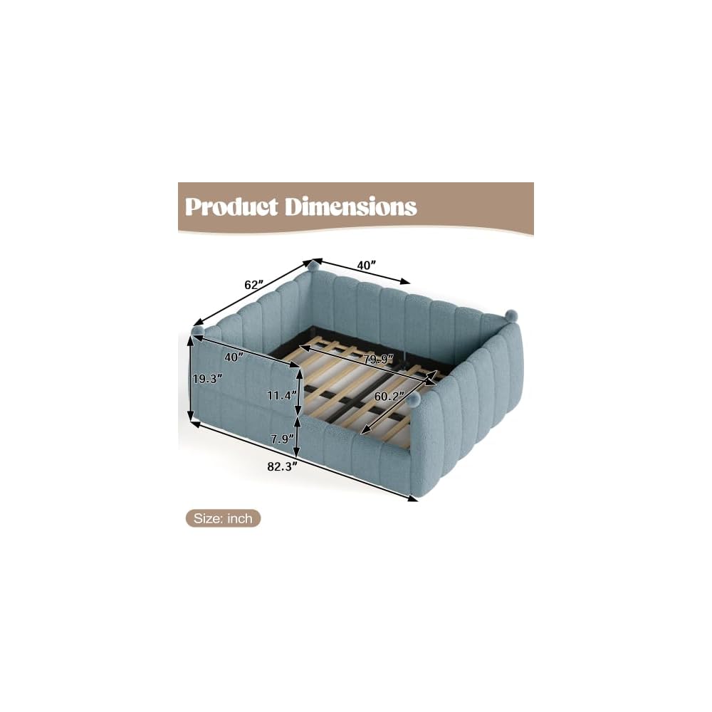 Queen Upholstered Floor Bed with Fence, Blue