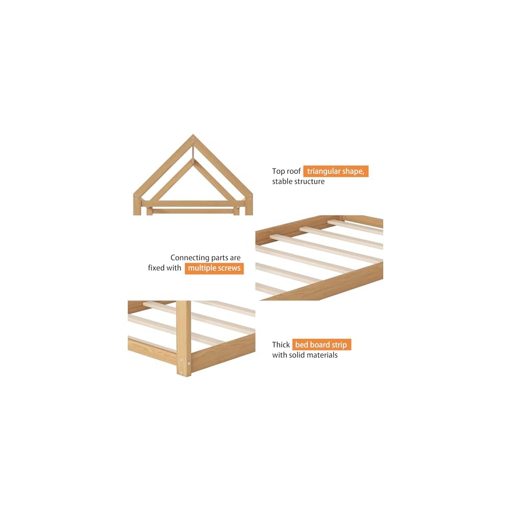 Twin Size House Bed Frame with LED Lights, Solid Wood Montessori Floor Bed, Low Platform Kids Play House Bed for Boys Girls Bedroom, Natural Wood Finish