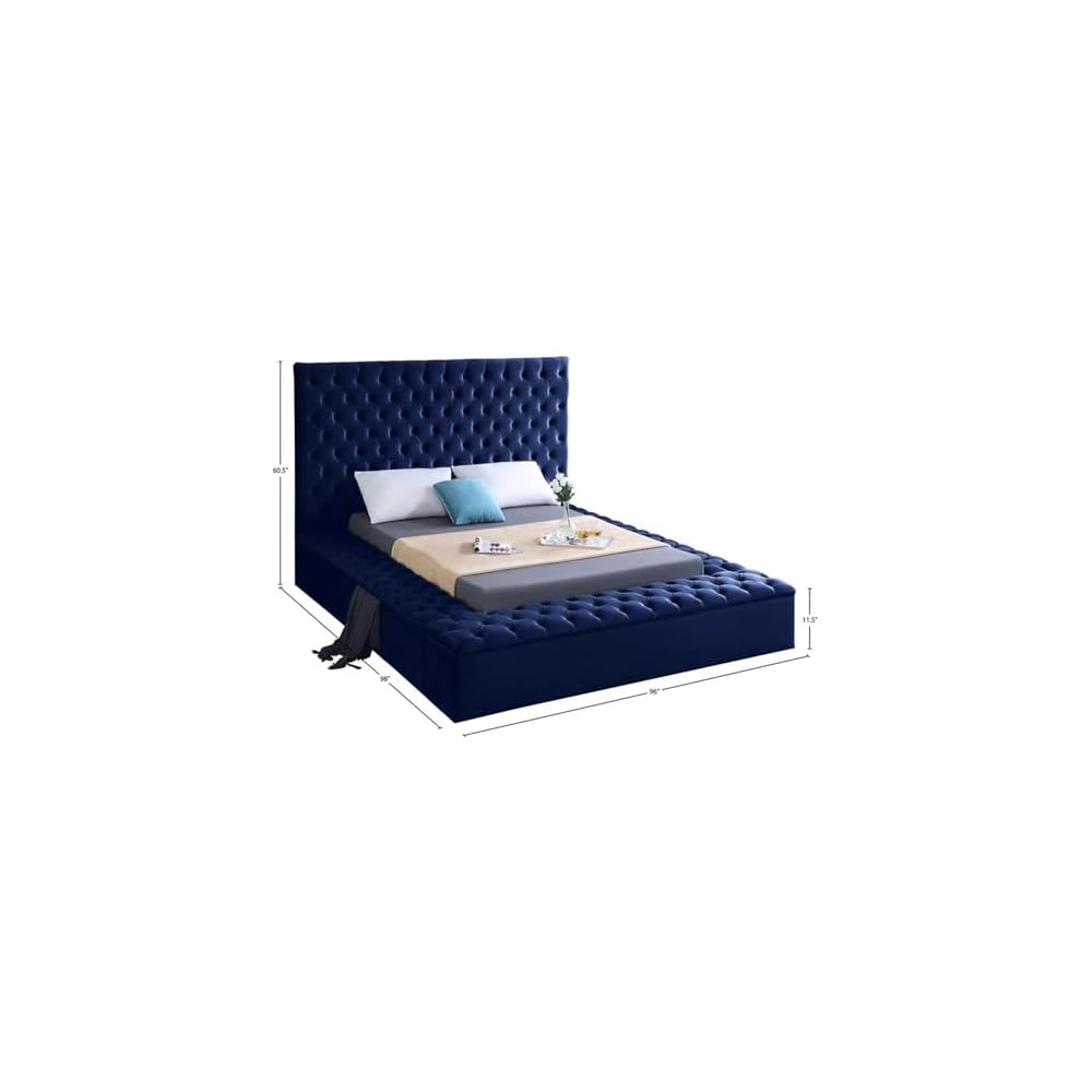 King Bed, Solid Wood Frame, Navy Tufted Velvet Fabric, 96" W x 98" D x 60.5" H, Storage Rails, Footboard, Full Slats, Modern Style Bedroom Furniture