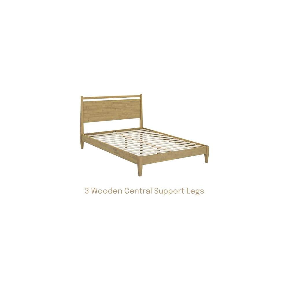 Adept Wooden Bed Frame with Headboard, Solid Wood Foundation with Silent Slats and Wood Central Supports, 1000 Lb Capacity, Effortless Assembly, Queen - Sand