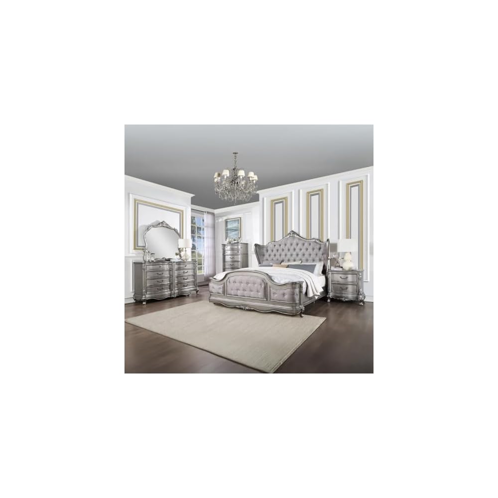 Ariadne Eastern King Bed in Velvet & Antique Platinum Finish