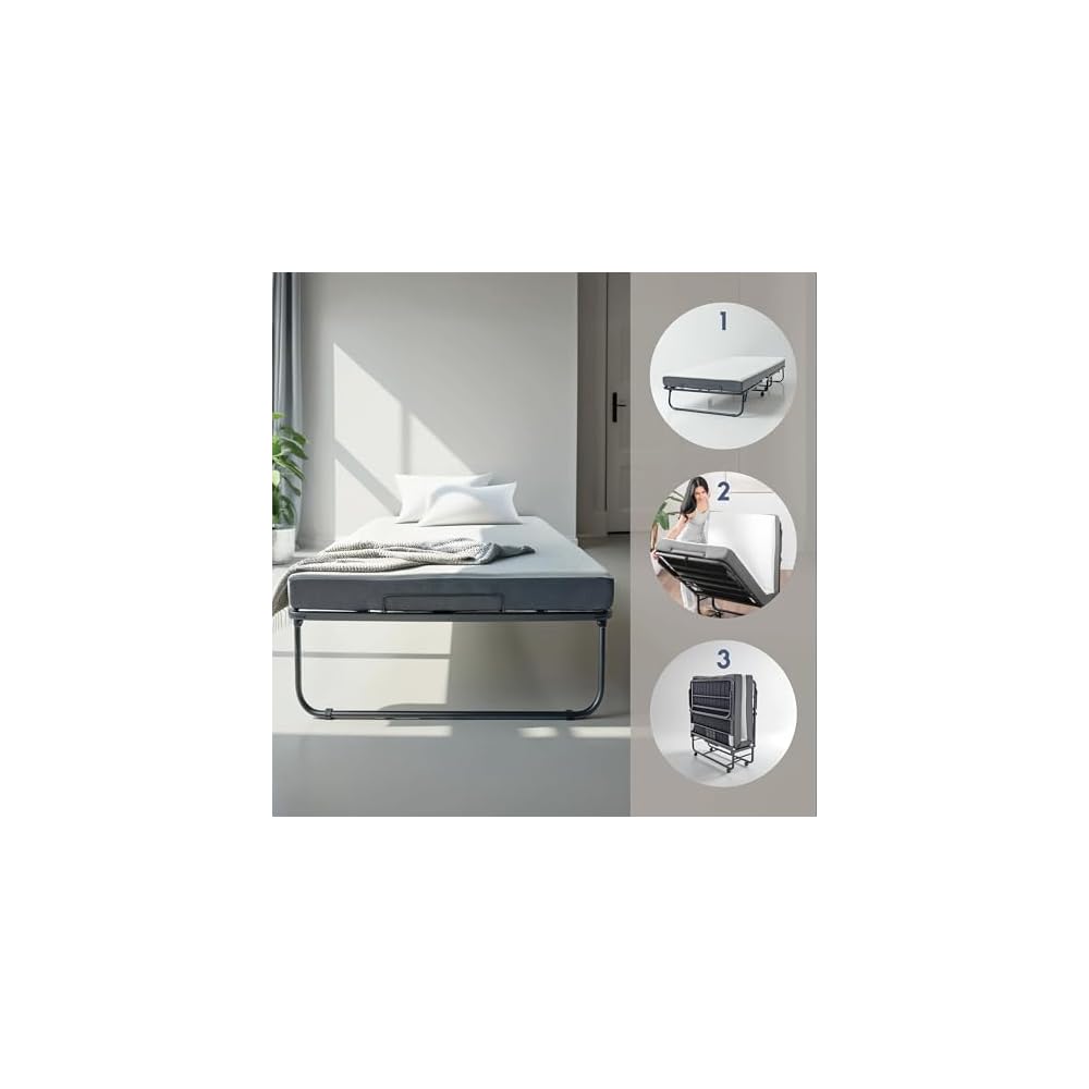 Folding Bed with 5" Luxury Memory Foam Mattress, Portable Rollaway Guest Bed with Sturdy Frame, Locking Wheels & Cover, Roll Away Fold Up Beds with Mattress for Adults, Twin Foldable Bed 75”x38”