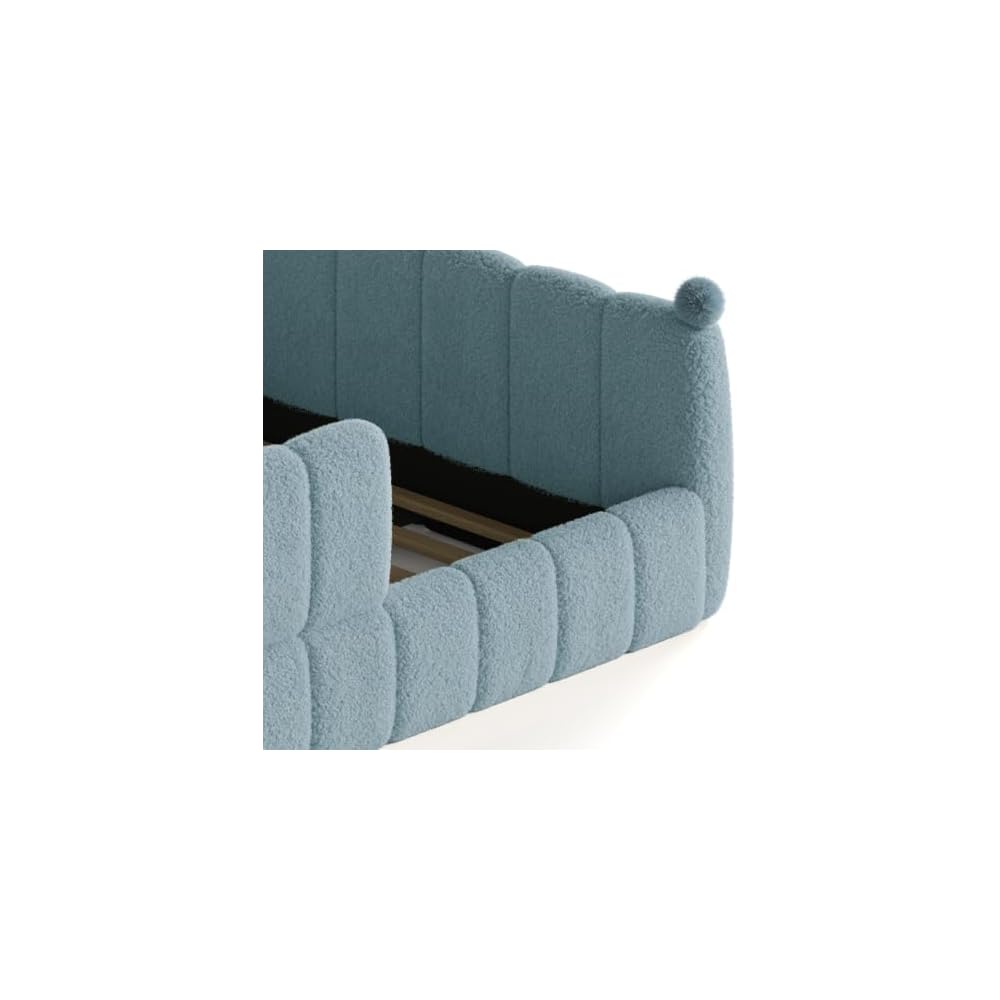Queen Upholstered Floor Bed with Fence, Blue
