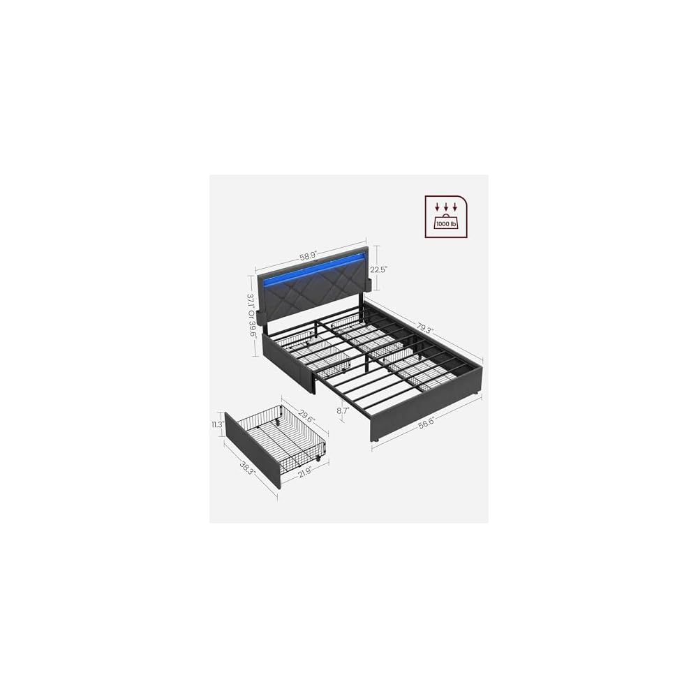Full Bed Frame, 4 Storage Drawers on Wheels, Charging Station