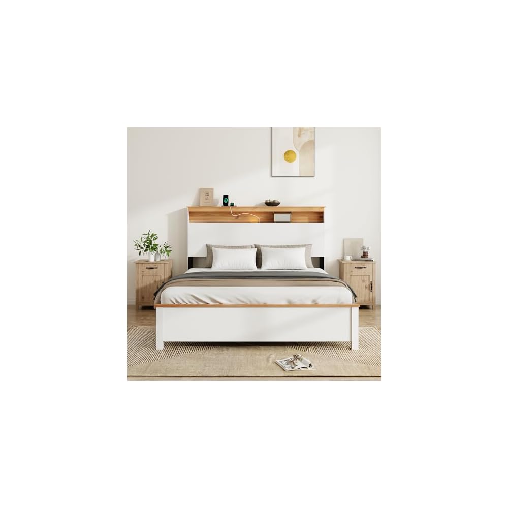 Farmhouse Wooden Bed Frame with Storage Headboard and Touch LED for Bedroom, Queen Size Platform Bed with Dual USB Ports and Metal Slats Support, No Box Spring Needed