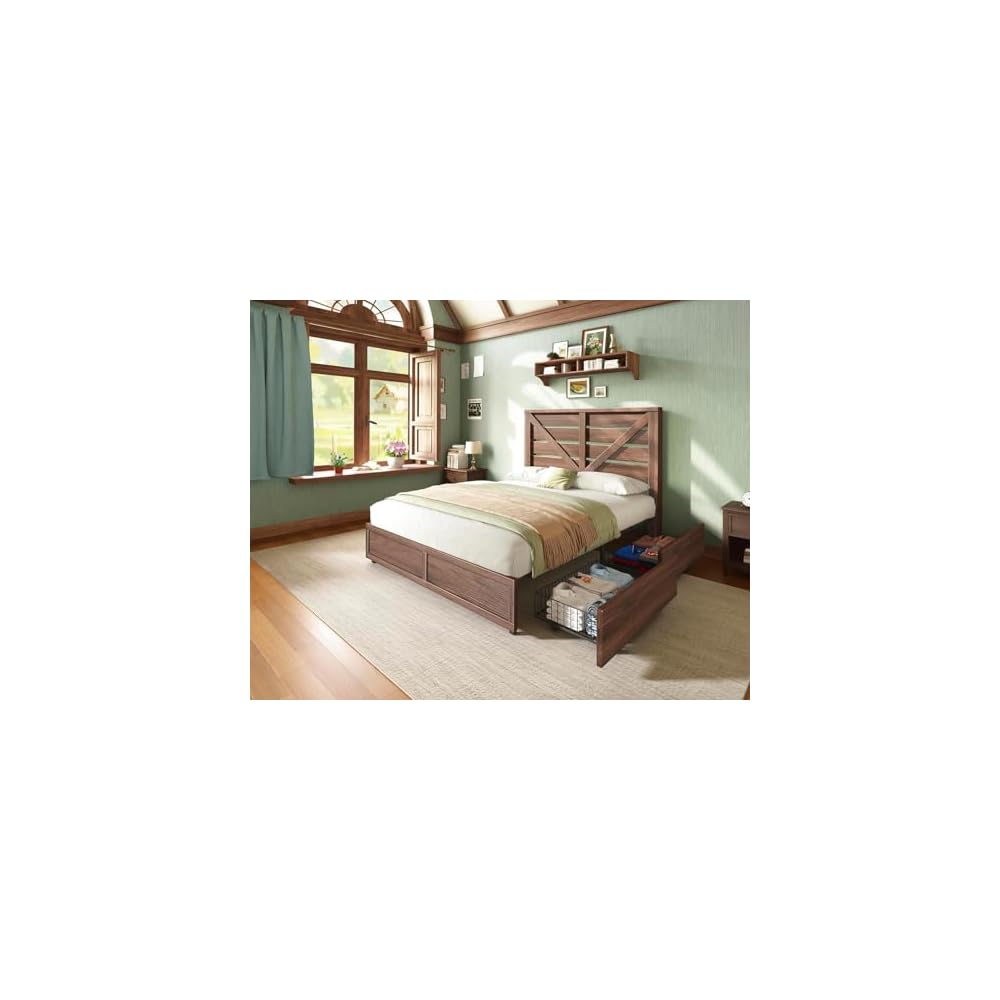 Queen Size Farmhouse Bed Frame with 4 Storage Drawers