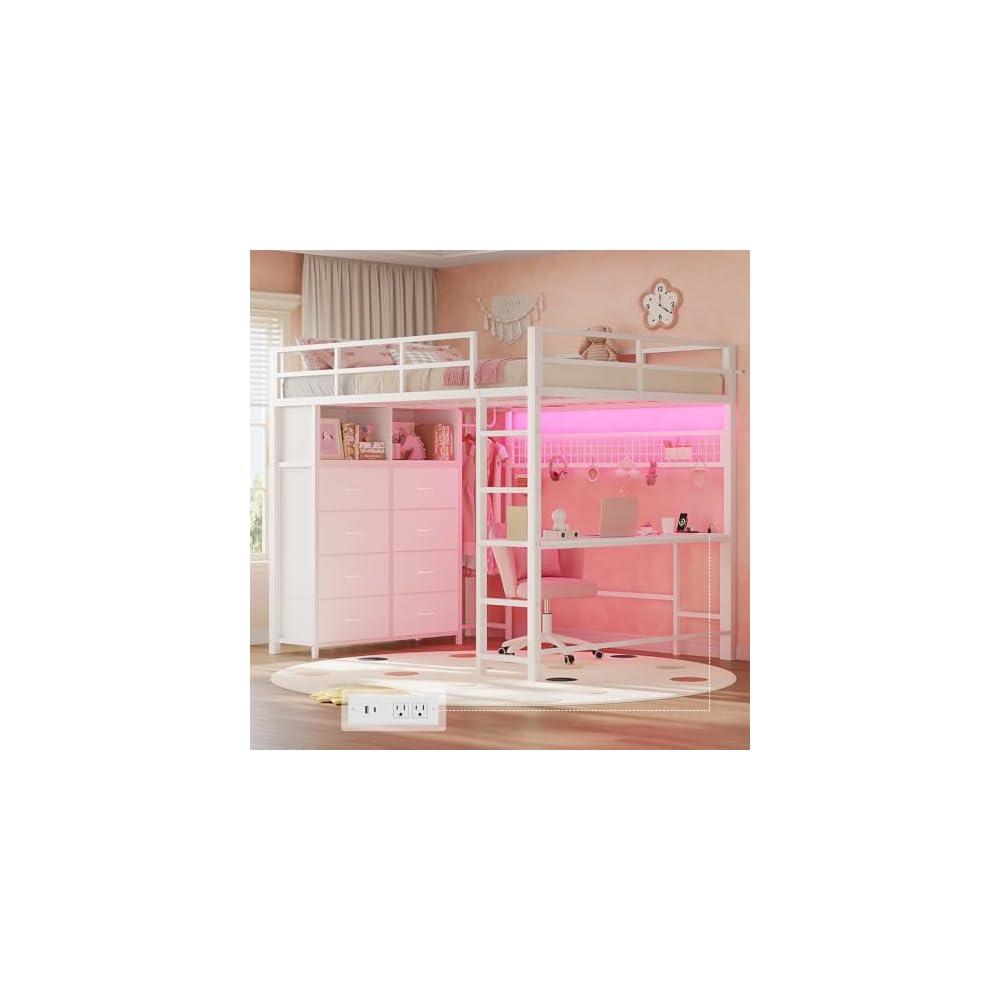 Loft Bed Full Size with Desk and 8 Storage Drawers, White