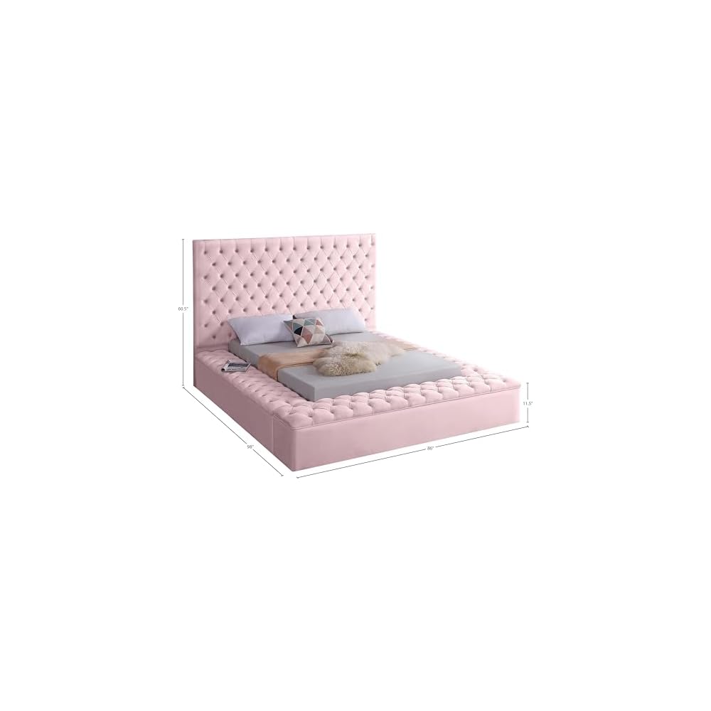Bliss Collection Modern | Contemporary Velvet Upholstered Bed with Deep Button Tufting and Storage Compartments in Rails and Footboard, Pink, Queen