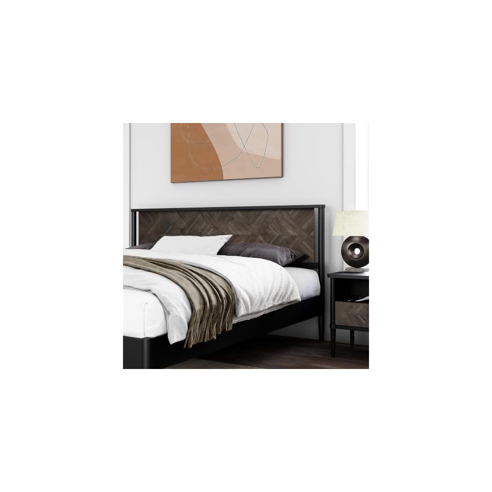 Lenia Solid Wood King Bed Frame with Tall Headboard, Mocha Black