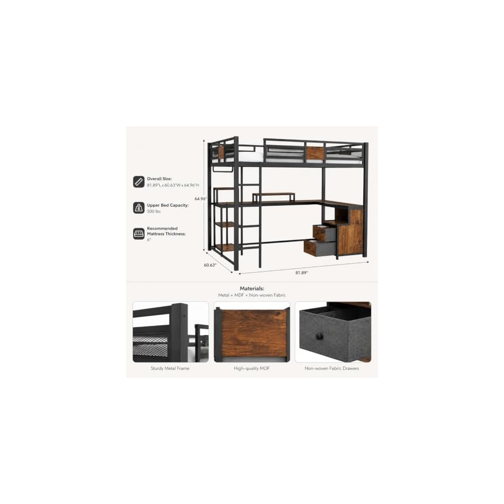 Queen Loft Bed With Desk And Storage Drawers Space Saving Metal Bed Frame