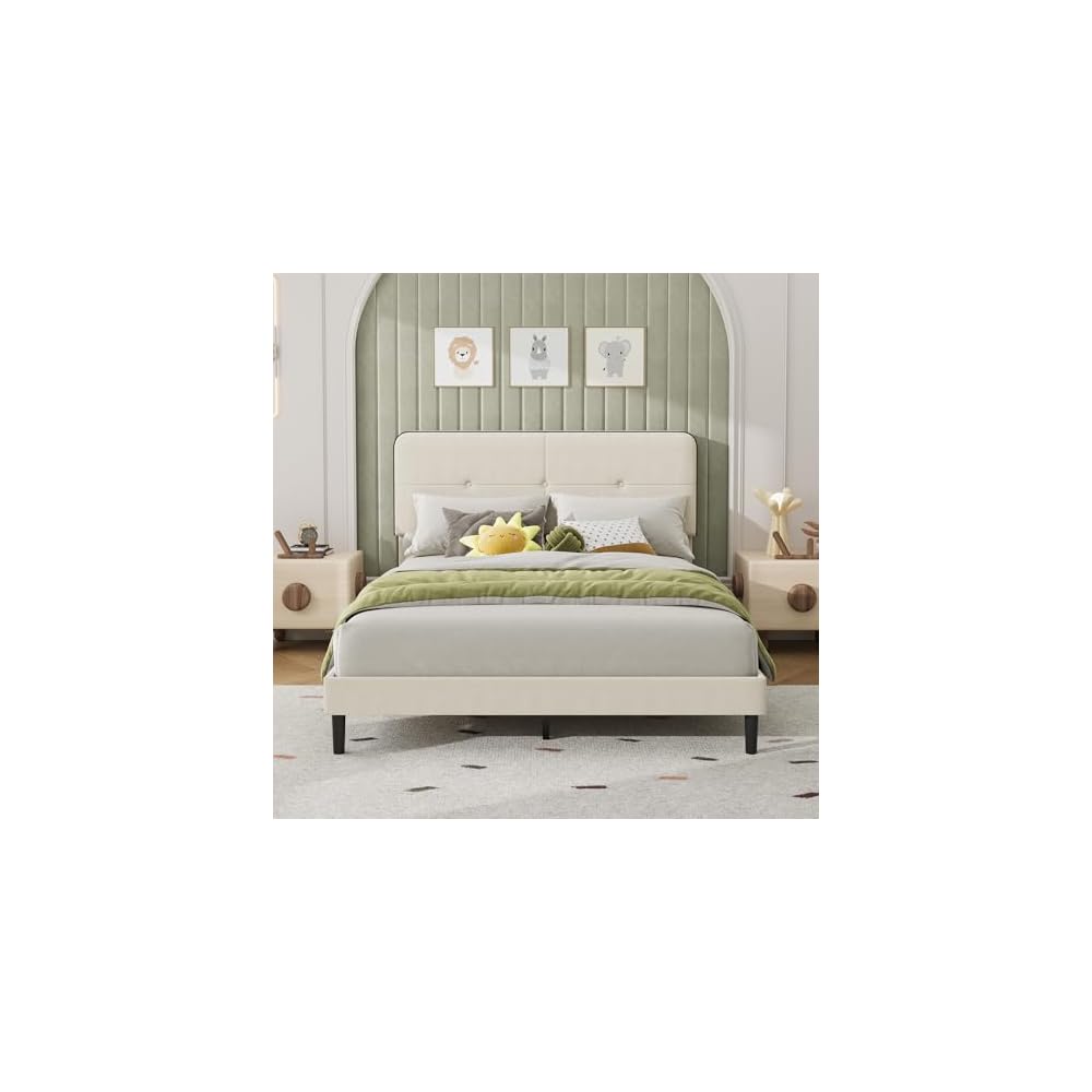 Queen Size Platform Bed Frame with Velvet Headboard, White