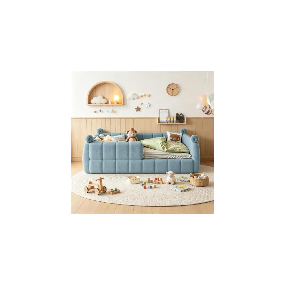 Queen Upholstered Floor Bed with Fence, Blue