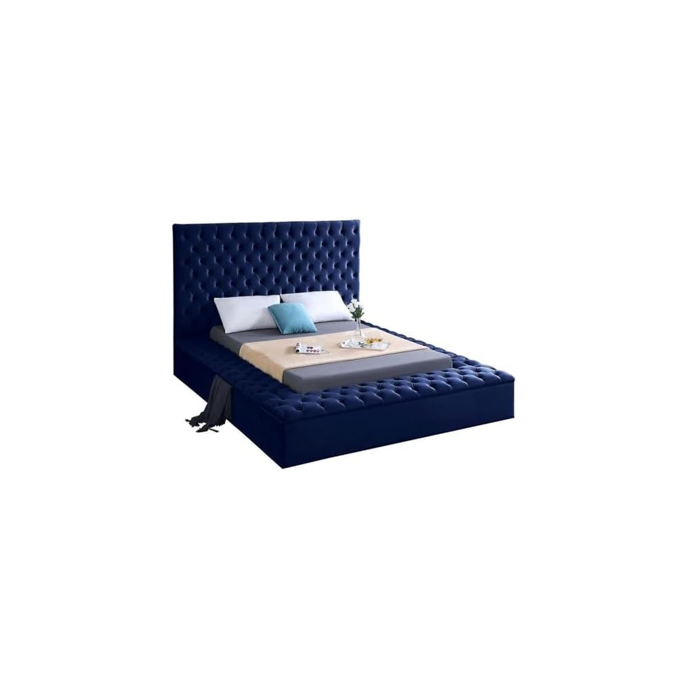 King Bed, Solid Wood Frame, Navy Tufted Velvet Fabric, 96" W x 98" D x 60.5" H, Storage Rails, Footboard, Full Slats, Modern Style Bedroom Furniture