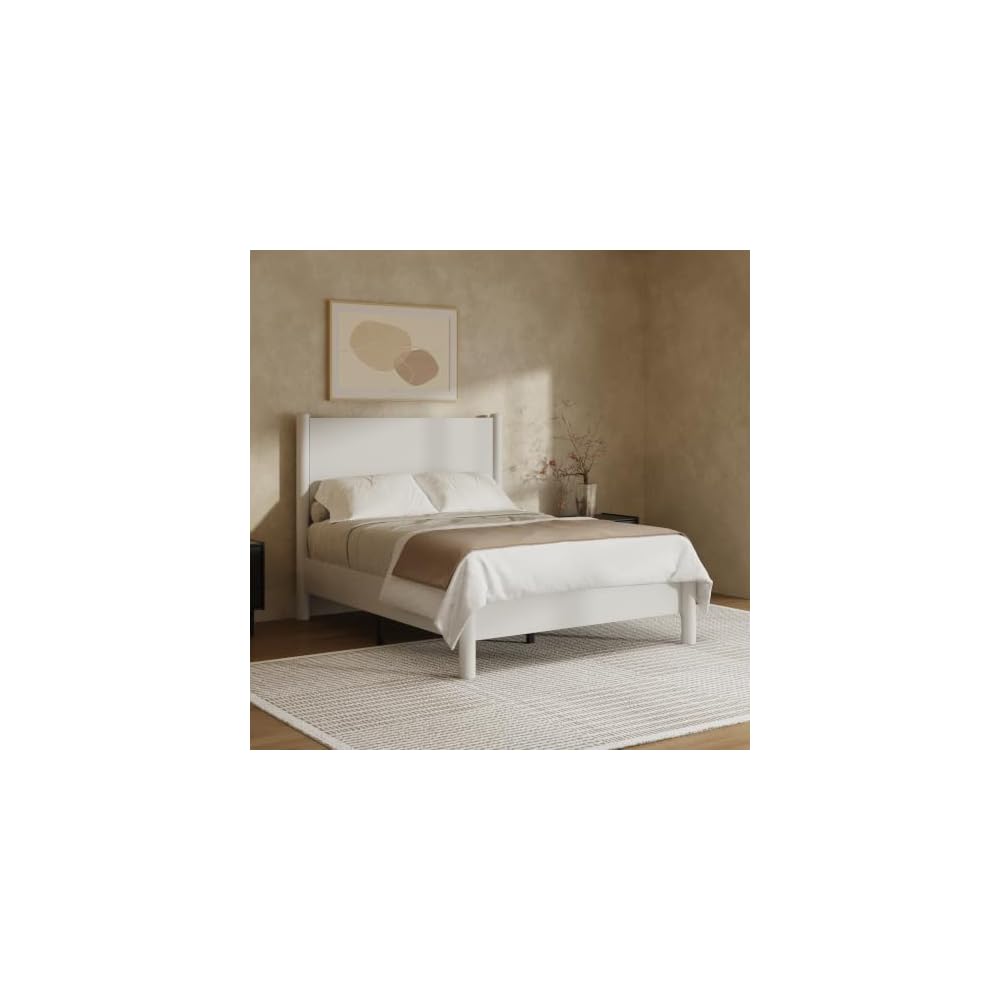 Full Size Platform Bed Frame with Wood Headboard, White