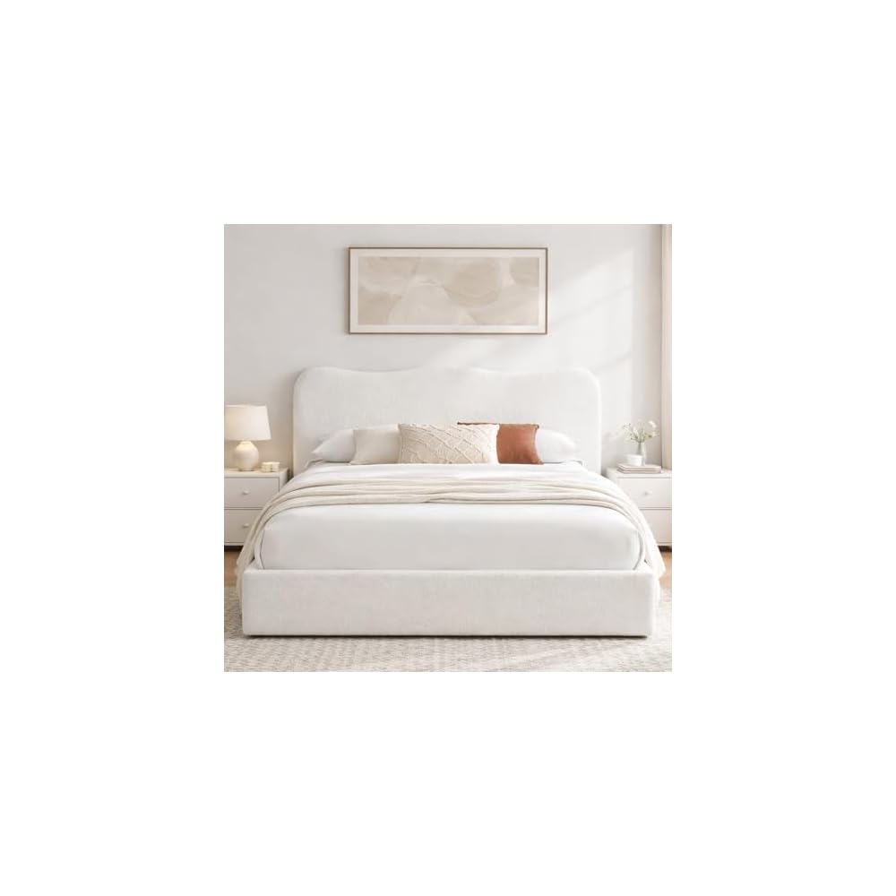 Queen Size Storage Bed Frame with 4 Pull-Out Drawers, Modern Upholstered Boucle Platform Bed with Curved Headboard, Wood Slats, No Box Spring Needed, Cream White