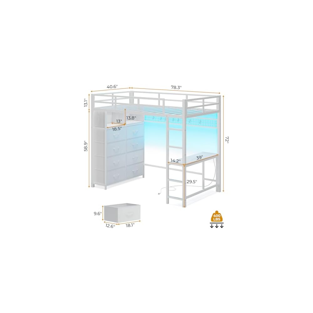 Twin Loft Bed with Desk, 8 Storage Drawers,LED Lights, White