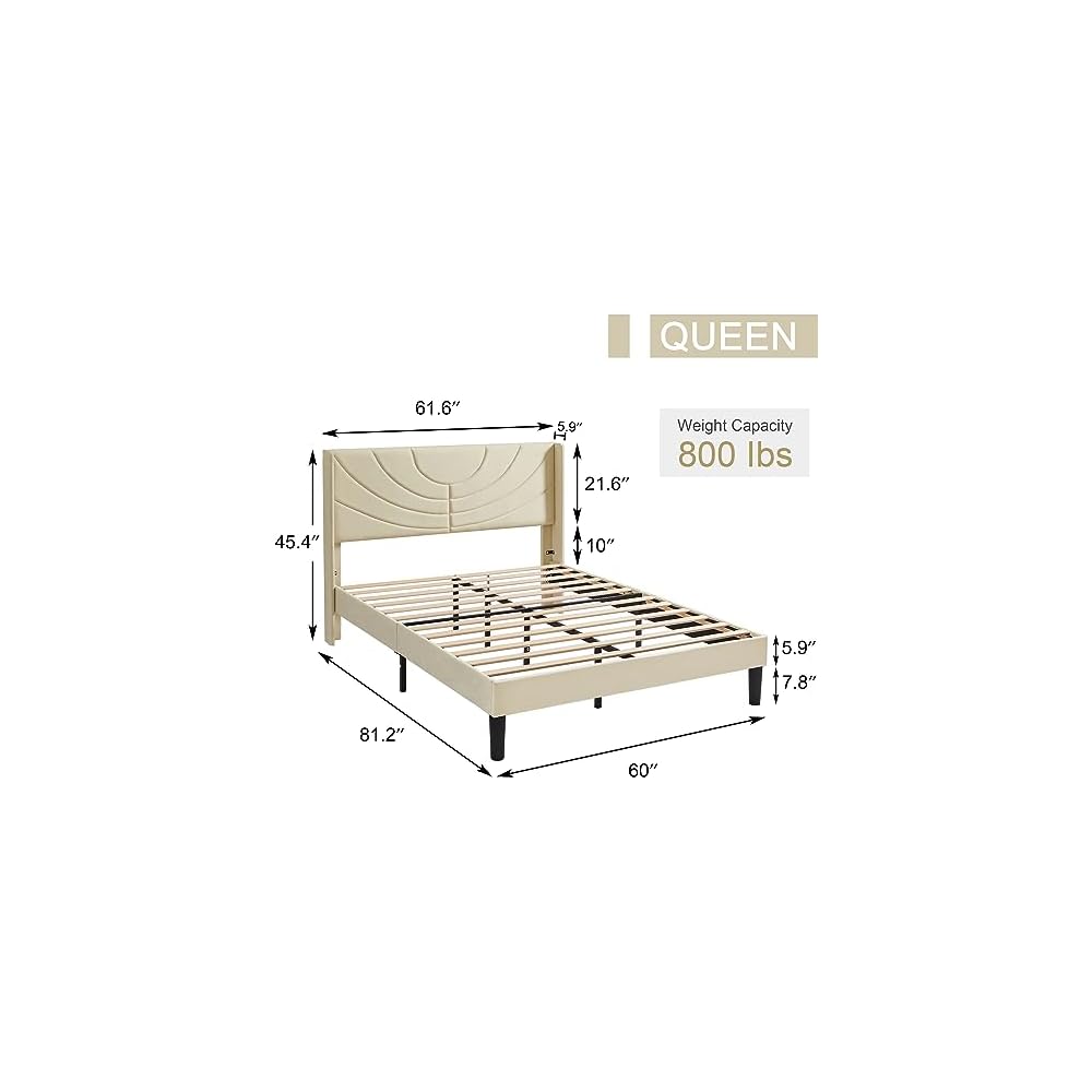 Upholstered Platform Queen Size Bed Frame with Fabric Headboard,Wooden Slats Support/No Box Spring Needed/Mattress Foundation,Beige