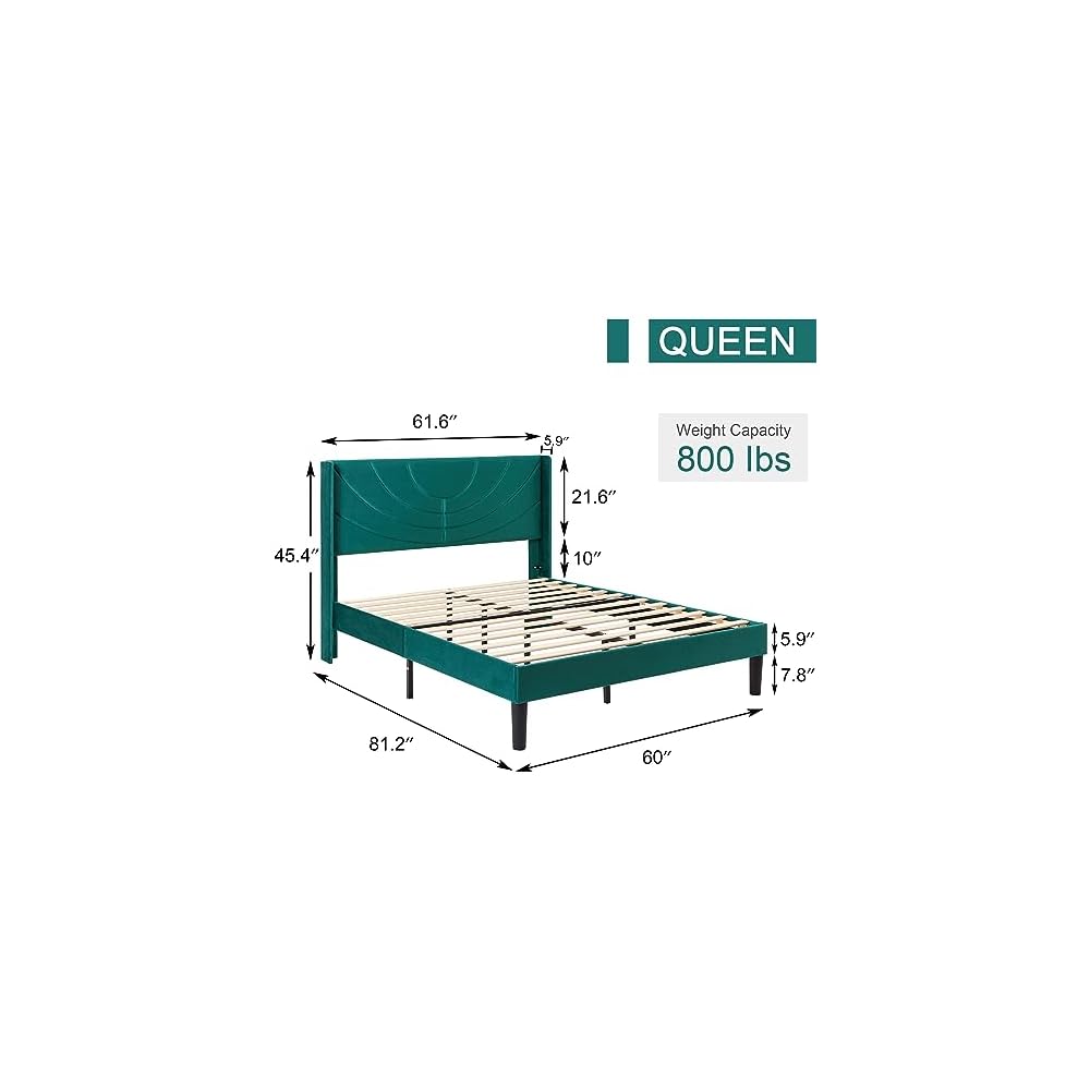 Queen Bed Frame Upholstered Platform with Fabric Headboard,Wooden Slats Support/No Box Spring Needed/Mattress Foundation,Dark Green