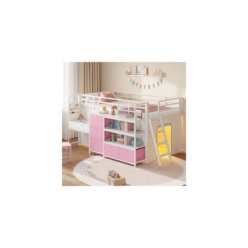 Low Loft Bed with Desk and 6 Storage Drawers Twin Loft Bed with Bookshelf,LED Lights & Under-Bed Play Space,Kids Twin Beds with 13.8''H Safety Guardrail,Inclined Ladder&Play Curtain,Pink+White