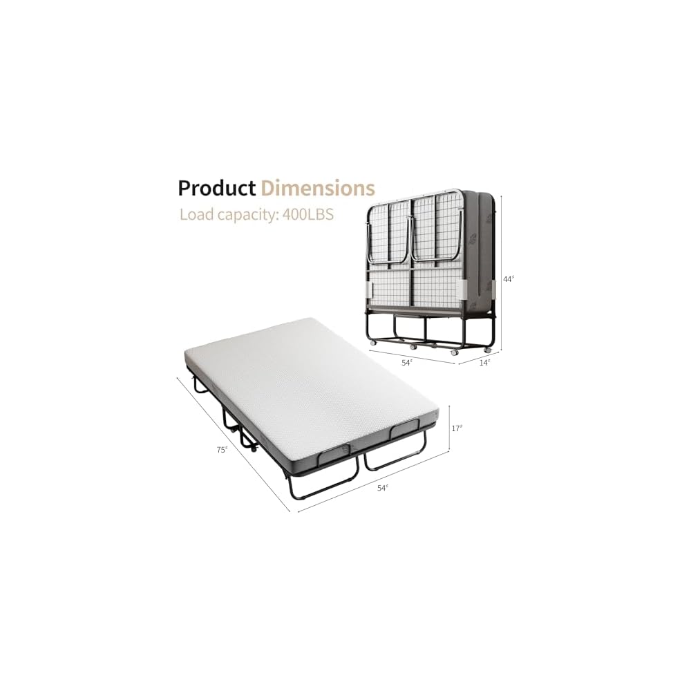Folding Bed with 5" Memory Mattress, 75"×54" Full Size Double Portable Bed for Adults, Roll Away Foldable Beds on Wheels for Guest,Hideaway,Save Space